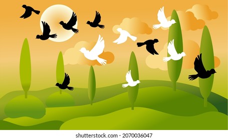 illustration of the afternoon on a green meadow with flying birds