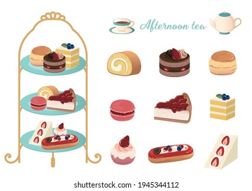 Illustration of an afternoon tea set with lots of cakes