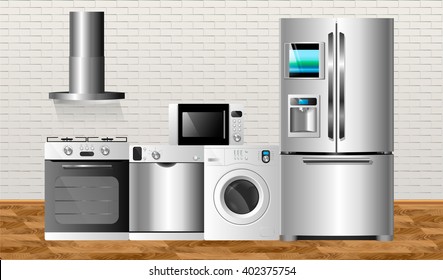 Illustration against the background of a brick wall. Kitchen home appliances on a wooden floor.Household technics: washing machine, dishwasher, electric oven, extractor hood, microwave, refrigerator