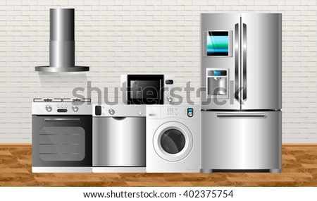 Illustration against the background of a brick wall. Kitchen home appliances on a wooden floor.Household technics: washing machine, dishwasher, electric oven, extractor hood, microwave, refrigerator