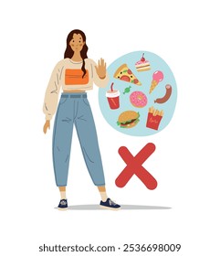 Ilustración contra la comida chatarra dañina, niña que muestra la señal de alto a la comida poco saludable y la comida rápida. Ilustración vectorial de la salud y el estilo de vida.