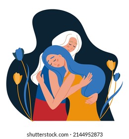 Illustration against the war in Ukraine, Russians against the war, for peace in Ukraine. two hugging girls in the colors of the flags of Russia and Ukraine