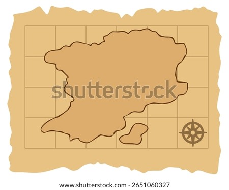 Illustration of aged pirate treasure map with blank silhouette of fictitious land and compass rose. Clipart image.