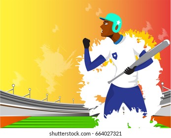 Illustration of aggressive baseball player on abstract stadium background, Sports concept.