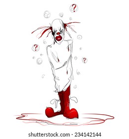 illustration of an aggressive clown in straitjacket standing in a pool of blood, vector 
