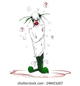 illustration of an aggressive clown in straitjacket standing in a pool of blood, vector