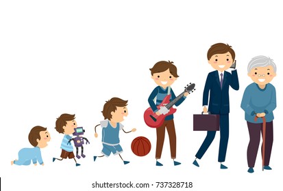 Illustration of Aging. From a Baby Boy Crawling to a Senior with Walking Cane