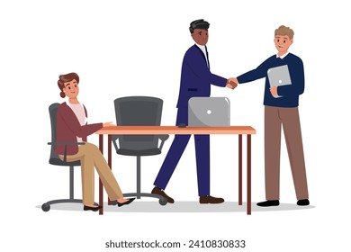 Illustration of agreement in a professional setting, two men have a handshake, signaling a successful negotiation or partnership. Female colleague sitting at the desk, suggesting . Teamwork, diversity