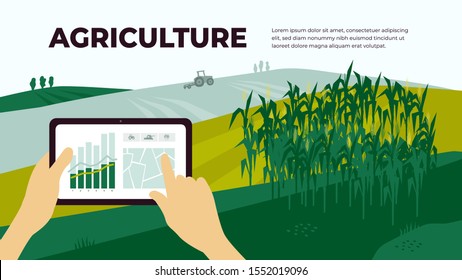 Illustration of agriculture with control by tablet. Smart farming and innovation technology. Analysis data, chart and graph on device. Landscape with cornfield and tractor. Template for web, flyer, ad