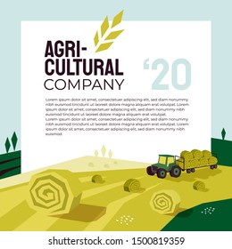 Illustration of agriculture with tractor, hayfield, haystack rolls, farm land, field. Agricultural company poster. Template for banner, annual report, print, flyer, layout, landing page, website, blog