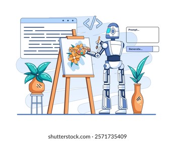 Illustration of AI Art, showing an AI robot painting on a canvas with a brush and a palette. 
Perfect for web, landing page, social media, poster, animation, etc.