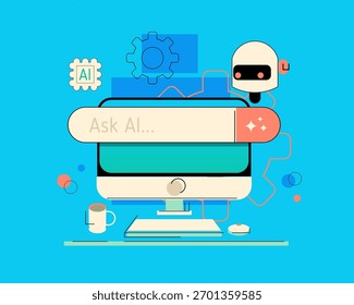 Ilustración de un concepto de asistente de IA con una pantalla de computadora, un icono de chatbot y una barra de búsqueda con la etiqueta "Preguntar IA", que simboliza la inteligencia artificial y la innovación digital.