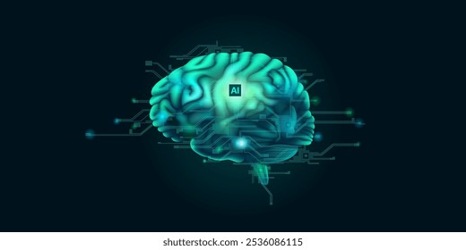 Illustration von Ai Brain mit Punkt und Linie. Big Data, Technologie, KI, Datenübertragung, Datenfluss, Großsprachmodell, generative KI, LLM-Konzept