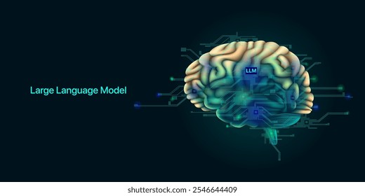 Illustration of Ai Brain with dot and line. Big data, technology, AI, data transfer, data flow, large language model, generative ai, LLM concept