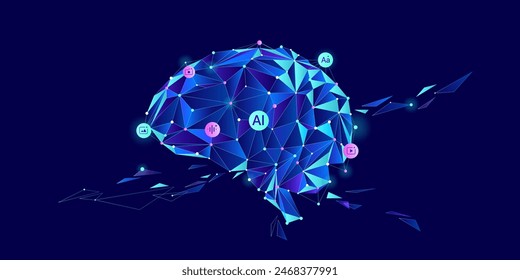 Illustration of Ai brain and face with dot and line. Big data, technology, data transfer, large language model, LLM, NLP, natural language model  chat bot,  generative ai concept