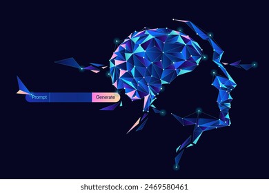 Illustration of Ai brain and face with dot and line. Big data, technology, large language model, LLM, NLP, natural language model  chat bot, generative ai with promt concept