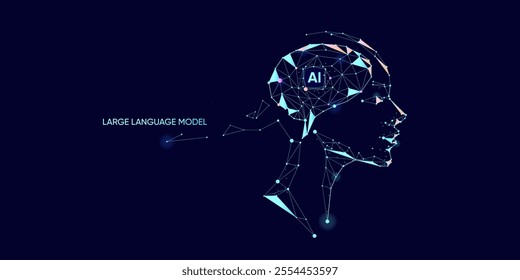 Illustration of Ai Brain with LLM, dot and line. Big data, technology, AI, large language model, generative AI, AI Assistant