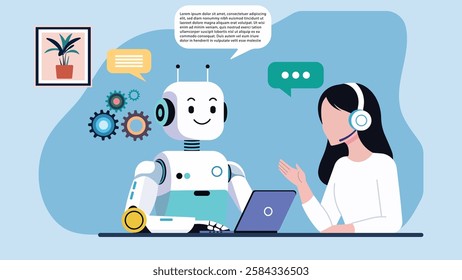 Illustration of an AI chatbot assisting a customer service representative. Features a futuristic robot, headset, and digital communication. Ideal for AI, customer support, and automation concepts