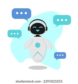 Ilustración con un bot de chat de IA que se comunica con la gente en una charla. El carácter del robot es muy positivo, el diseño es minimalista en estilo plano.