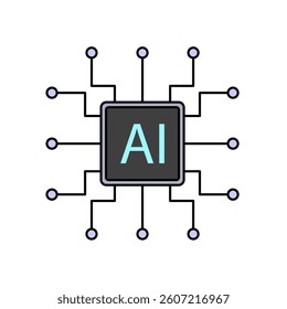 Illustration of an AI chip. Depicting artificial intelligence technology with a microchip design and connected circuits, symbolizing advanced computing and machine learning.