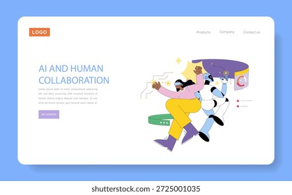 Illustration of AI and human collaboration with a robot and a person using technology. The image shows them interacting and engaging in a digital environment with a futuristic theme.