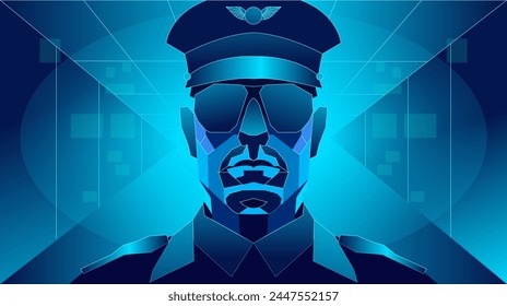 Illustration of AI military general or police officer with screen featuring a futuristic artificial intelligent data behind. AI Police. AI Power. Security.
