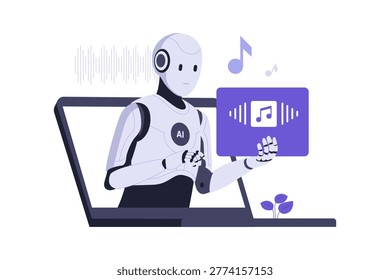 Illustration of AI Music Generator Creating Audio. An AI robot on a laptop screen generating a music track with visible audio waves and musical notes, representing AI-driven audio production