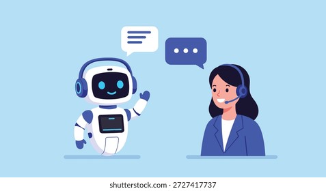 Una ilustración de un robot de chatbot de IA que se comunica con una agente de Servicio al cliente humano femenino, que representa el futuro de la Asistencia técnica y la asistencia en línea.