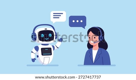 An illustration of an AI robot chatbot communicating with a female human customer service agent, representing the future of technical support and online assistance.