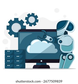 Ilustração do robô de IA interagindo com o sistema de computação em nuvem no monitor, servidores de banco de dados e engrenagens. Conceito de automação, tecnologia e inovação digital.