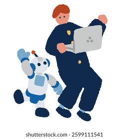 Illustration of an AI robot and a male student holding a computer
