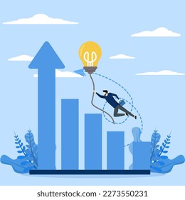 illustration, aiming, success, graph, expansion of an idea, creativity of a businessman flies with a light bulb towards growing graph, vector flat business illustration. blue vector.