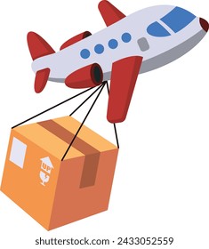 Illustration of air delivery concept. white airplane with a red stripe and blue propeller. The plane is carrying a large, brown cardboard box with the text “UP” written on the side in yellow letters