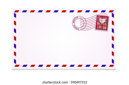 Illustration air mail envelope with postal stamp isolated on white background. Vector.