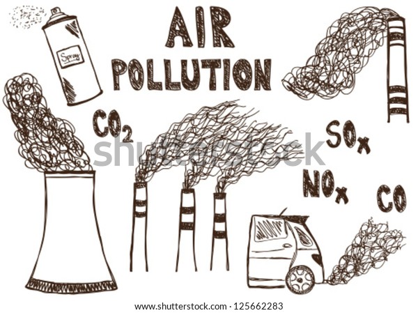 Illustration of air pollution doodle drawings\
on white\
background