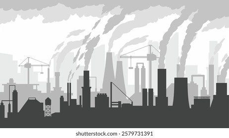 Illustration of air pollution from industrial smoke. Vector illustration of pollution issue caused by factory chimneys. Smog of air pollution from industrial factory in the cityscape area