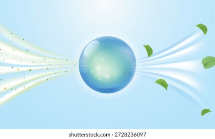 Illustration Luftreinigungsverfahren. Verschmutzte Luft mit Partikeln durchströmt eine blaue Gelperle und tritt als frische, minzduftende Brise aus. Konzept für Geruchskontrolle und Lufterfrischer-Technologie.
