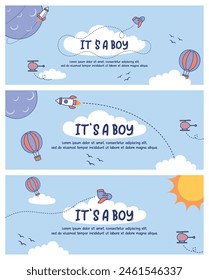 Illustration of air transportation in the blue sky with a baby theme. Combining baby equipment illustrations with air transportation. This illustration can be used as a backdrop, greeting card, and in