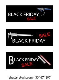 Illustration of Airbrush Painting, Utility Knife and Vernier Caliper on Black Friday Shopping Labels for Start Christmas Shopping Season.