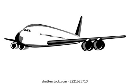 Illustration Of An Airbus A380 Commercial Jet Plane Airliner On Full Flight Flying Up Viewed From Front On Isolated Background Done In Retro Style.