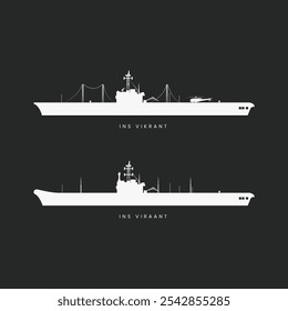 Illustration of an aircraft carrier silhouette in black and white views from different angles.