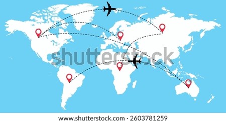 Illustration of aircraft flight paths with a red dot and dotted lines. Pin on the continents of the world on a world map background, professionally done.