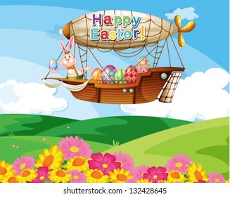 Illustration of an aircraft with a Happy Easter greeting carrying the colorful eggs