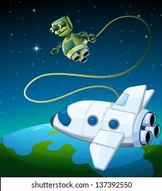 Illustration of an aircraft and a robot at the outerspace