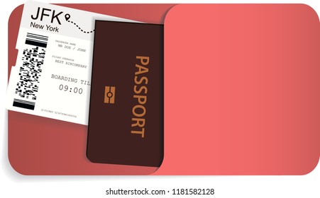 Illustration of airline ticket or boarding pass and international passport inside of paper envelope or folder.