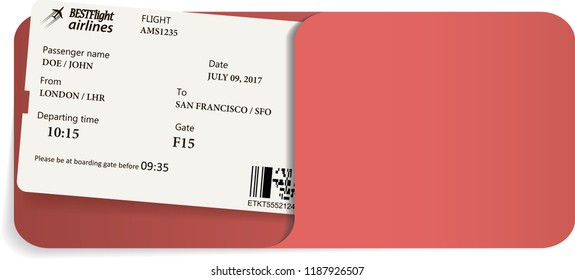 Illustration of airline ticket or boarding pass inside of red envelope.