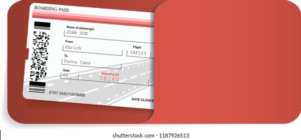 Illustration of airline ticket or boarding pass inside of red envelope.