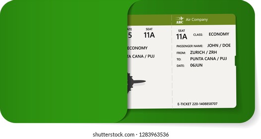Illustration of airline ticket or boarding pass inside of greenenvelope. Vector