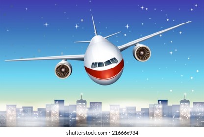 Illustration of an airplane above the city