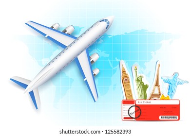 illustration of airplane with air ticket and world famous monument svg